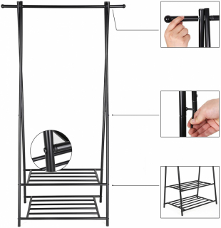 SONGMICS Stojan na šaty s dvoma policami čierny obr-4