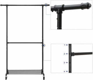SONGMICS Stojan na šaty pojazdný 2 závesné rúrky čierny 110 kg obr-4