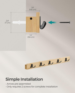 SONGMICS Nástenný regál 5 háčikov 70 cm svetlý bambus obr-4