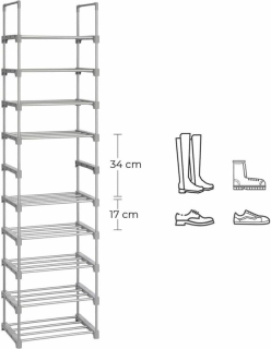SONGMICS Skladací kovový regál na topánky 10 políc sivá obr-3