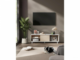 VASAGLE Moderný TV stolík 140 x 45 x 39 cm biely béžový